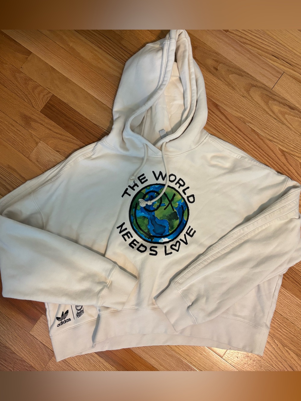 adidas Cream cropped Hoodie with Blue and Green Globe Graphic